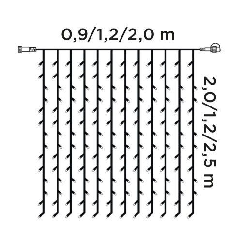 Crystalline záves LED svetiel, 90 x 200 cm, 192 ks TEPLÁ BIELA LED, priehľadný kábel, Vhodné na vonkajšie aj vnútorné použitie