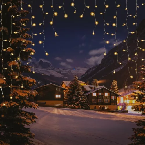 Árkád fényfüggöny, meleg fehér, átlátszó kábel, 200 x 200 cm, 220 LED